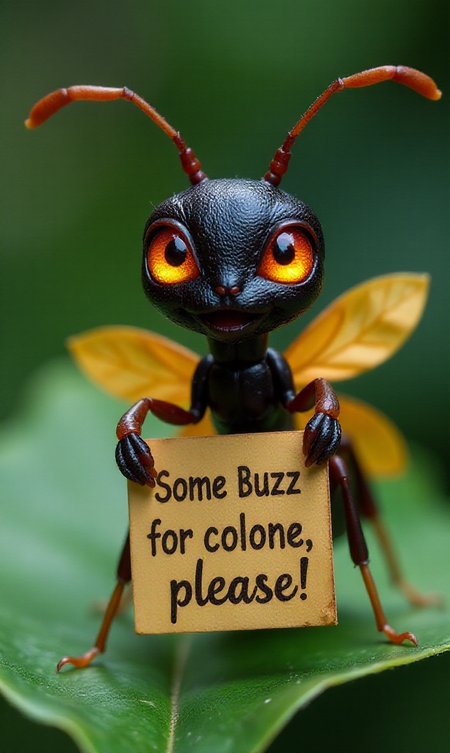 <lora:Dolly:.7>
.Wearing a doll makeup, doll eyes
semi-stylized. happy ant, glowing, close up shot. on a leaf, fantasy, magical, anime style, powers, the ant is holding a sign saying "Some Buzz for the colony, please"