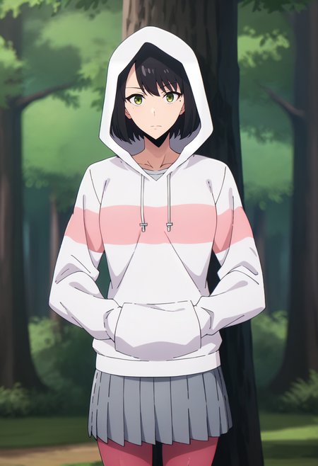 score_9, score_8_up, score_7_up,
<lora:SoloLeveling_HanSong-YiXL:0.8>, HanSongYiSL, 
1girl, solo, closed mouth,
black hair, medium hair, green eyes, mole under eye,
SongYiCasual, white hoodie, striped clothes, grey skirt, pink pantyhose, hands in pockets, hood up,
standing, looking at the viewer, thigh gap,
outdoors, tree, forest, blurry background