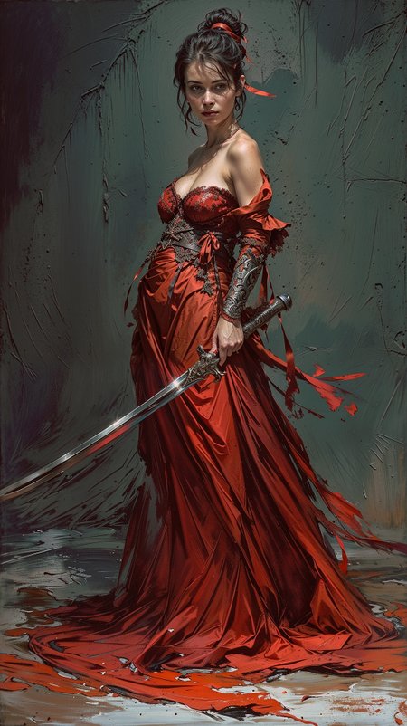 Digital painting featuring a woman in a dramatic, flowing red dress with intricate black detailing. The dress has a deep neckline and long, tattered sleeves, giving it a dynamic and somewhat ethereal appearance. The woman has a fair complexion, dark hair styled in an elegant updo, and a serious expression. She holds a long, curved sword in her right hand, with the blade reflecting light. The background is a muted, textured green, which contrasts with the vibrant red of her dress. The overall style is highly detailed and realistic, with a focus on the interplay of light and shadow.