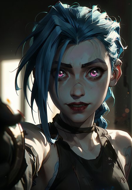 score_9, score_8_up, score_7_up, closeup, 1girl, finger gun to head, BREAK, Jinx, blue hair, long blue hair bang, purple eye iris, eyelashes, freckles, red lips, high cheekbone, fierce, scar on nose, smile, shiny, jinx, darkness, shadow, blurry background <lora:ARKN2:0.7>, <lora:NLSTN:0.3> glow <lora:dark:0.3> <lora:Fingergun_XLPD:0.6>