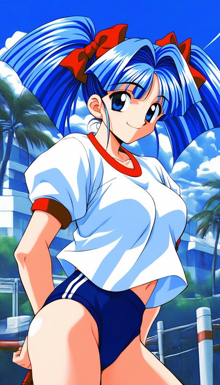 score_9, score_8_up, score_7_up, source_anime, rating_explicit, BREAK   <lora:Tomohara_Atsuko_XL:1> TomoharaAtsuko, blue hair, blue eyes, twintails, hair bow, medium breasts, red bow, long hair, 1990s \(style\),
gym uniform,white shirt, dark blue buruma,
outdoor, sky,
smile,
looking at viewer, 
cowboyShot,