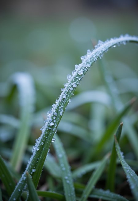 "A macro photo of a blade of grass with frost, highlighting the delicate ice crystals."
,aidmafluxproultra, aidmaHyperrealism, aidmaExperimentalPhotography