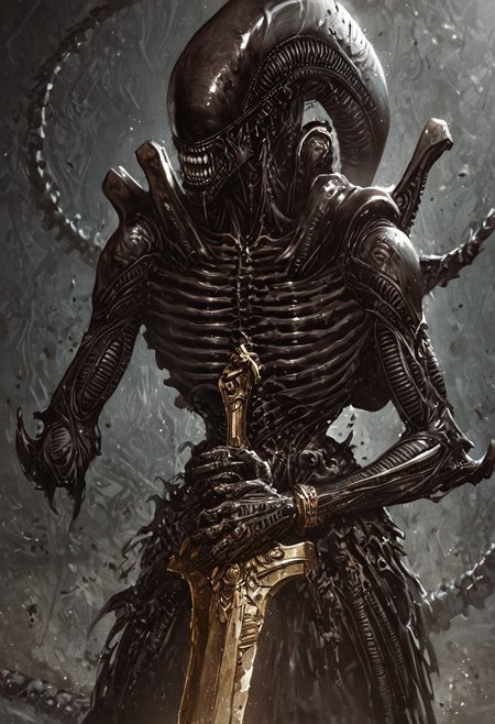 score_9, score_8_up, score_7_up, score_6_up, score_5_up, score_4_up,<lora:Fant5yP0ny:0.8>, xenomorphic creature from Lords of the Fallen, black templar armor, gold sword of Pieta, solo, gold eyes, blood on face, art by hr giger,
