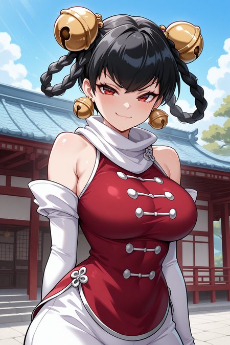 masterpiece, best quality, 1girl, solo,  <lora:opmlinlin-illu-nvwls-v1-000006:1> opmll, black hair, short hair, hair rings, twin braids, red eyes, hair bell, earrings, white scarf, red shirt, sleeveless shirt, detached sleeves, elbow gloves, white pants, baggy pants, large breasts, upper body, looking at viewer, smug, blue sky, east asian architecture, portrait, shiny shirt