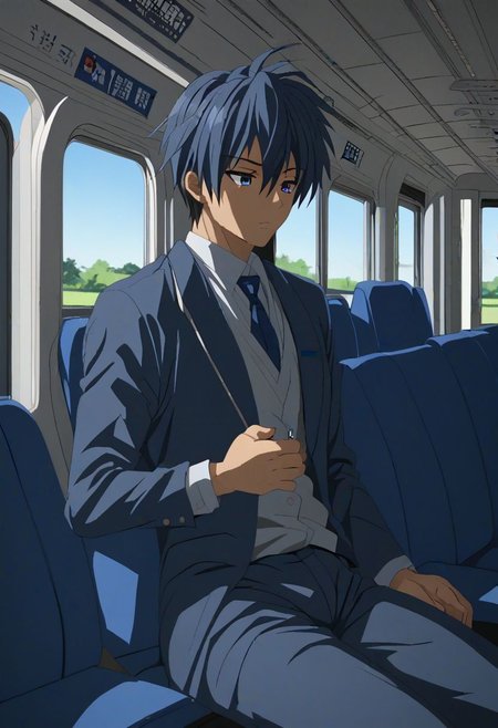 high resolution, solo, best quality, 1Boy, Tomoya Okazaki, Grey Blue Hair, train, inside train, OverallDetail