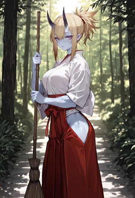 masterpiece, best quality, amazing quality, 1girl, 
 8K, illustrating, CG, detailed-eyes, detailed background, cute girl, eyelashes, lowlight
BREAK
detailed background, eyelashes, erotic, looking seductive, coy. dynamic action image, detailed face, detailed eyes, direct mesmerizing gaze, 
BREAK
(EyesHD:1.2), (4k,8k,Ultra HD), masterpiece, best quality, ultra-detailed, very aesthetic, sharp focus, depth of field, ray tracing, best lighting, detailed illustration, detailed background, cinematic, beautiful face, beautiful eyes,
BREAK
(sexy, slutty, hot, aroused), 
Aka-Oni, oni, colored skin, light blue skin, smooth horns, black horns,  muscular female, large muscles, blonde hair
BREAK
miko, japanese clothes, red hakama, white kimono, tree, (forest), broom, holding broom, sweeping, hakama short skirt, hip vent, (torii:0.9), looking at viewer,, blurry, blurry background, purple eyes,