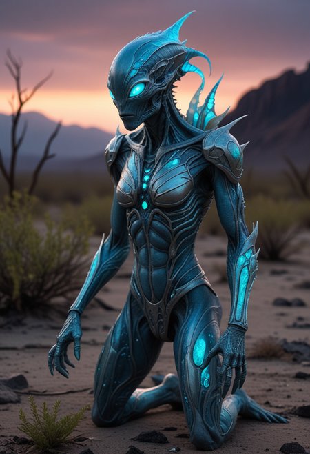 (medium full shot) of (astonishing hybrid creature) with bioluminescent metallic silver skin, bioluminescent patches, leafy hands, alien crest, bioluminescent fins, glowing scales, ethereal wisps, in set in  a bleak wasteland, with parched ground and scattered, withered plants, the air heavy with dust and desolation , during twilight, Masterpiece,best quality, photo, realistic, very aesthetic, detailed face,