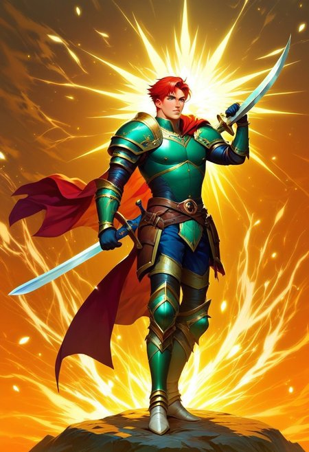 score_9, score_8_up, score_7_up, full body portrait,  
BREAK. handsome man, he is dressed in a suit of dark iron platemail.  
Break.
he is  holding up a white coloured sword. Properly holding the sword by the hilt.
, short red hair, masculin, medium build body, 
 his armour bears a crest of a green dove.
fantasy armour. stylized silver dove emblems and symbols on armour and sheild.
Break.
epic   background is a a beautiful palace. a strong wind is blowing his cape.