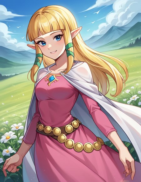 score_9, score_8_up, score_7_up, source_anime,
princesszelda, <lora:zelda-skyward-sword-ponyxl-lora-nochekaiser:1>,
zelda skyward sword, blonde hair, blue eyes, long hair, pointy ears, sidelocks, elf, bangs, blunt bangs, ribbons, hair ribbons, smile,
belt, cape, dress, long sleeves, pink dress, white cape,
outdoors, field, flowers,
looking at viewer, cowboy shot, dutch angle,