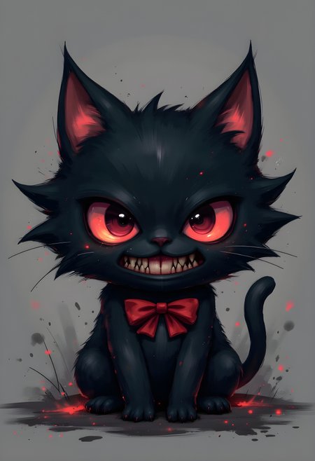 cinna flow, Cute but cursed chibi monster concept, round black fluffy cat-like creature, tiny red bowtie, innocent smiling face turning into horrifying nightmare, sharp teeth, creepy wide mouth, extra eyes and monstrous transformations, derpy yet terrifying, horror-cute cartoon style, muted colors