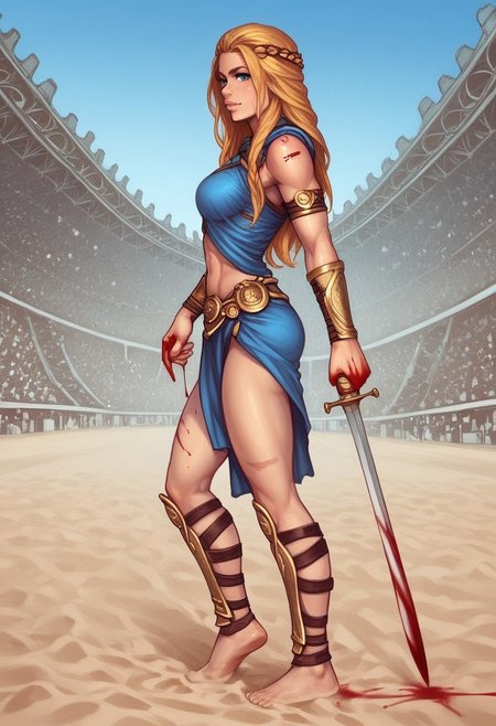 1girl, (((side view))), illustration, highly detailed, skinny, model body, looking at viewer, 1girl, masterpiece, best quality, femgladiator, solo, scar, bloody, <lora:Gladiator_F_For_Honor:0.9> BREAK
(((((Bestiary gladiator armor, holding wide long dagger in hands))))), ((((dynamic pose))))
long hair, blonde hair, big hair, blue eyes,
(((a short soft tunic, arms and legs bandaged with tight bandages, leggings worn)))
best quality, depth of field, bokeh, (((full clothed))), dynamic pose
BREAK 
((((outdoor, gladiator arena, sand, colosseum, bloody, gore:1.2)))) score_9, score_8_up, score_7_up, score_6_up, source_cartoon, rating_explicit, Expressiveh, ((((full body))))), dynamic pose, dynamic pose