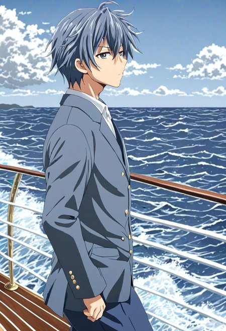 high resolution, solo, best quality, 1Boy, Tomoya Okazaki, Grey Blue Hair, sea, bow cruise ship, stong wind, ocean, OverallDetail