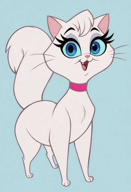 source_cartoon, source_western, source_furry, score_9, score_8_up, score_8, 1girl, <lora:Mewsette:0.65> feral, blue eyes, pink nose, eyelashes, eyeshadow, solo, cat, white fur, no humans, choker, looking at viewer, happy, full body, pink collar, close up, face focus,
light blue background, simple background,