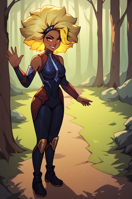 score_9, score_8_up, score_7_up, score_6_up, BREAK, RellLoLXL, dark skin, colored skin, orange eyes, blonde hair, yellow hair, afro, big hair, two-tone hair, medium breasts, armor, black bodysuit, detached sleeves, black elbow gloves, black pants, black shoes, solo, full body, standing, waving, seductive smile, looking at viewer, naughty face, nose blush, forest <lora:RellLoLXL:1>