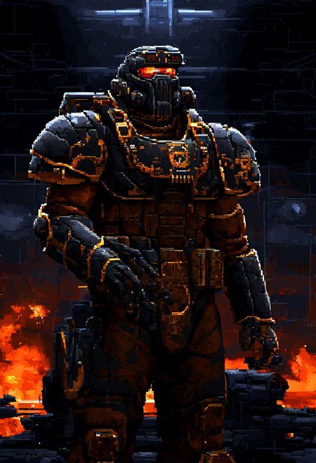 w1ngc0mmander, pixel art,
A formidable space marine commander in high-tech armor stands on a futuristic battlefield with distant explosions and alien structures. Heavy weaponry, metallic landscape, dark smoke, neon lights, extreme close-up, portrait, cyberpunk atmosphere.