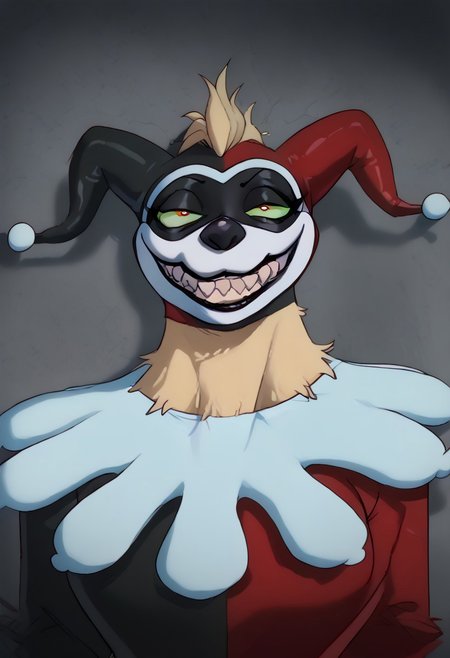 1girl, solo, alone,  face focus
perfect anatomy, perfect composition, perfect hand)female hyena, furry, anthro, jester outfit, sharp teeth, tan fur, green sclera, red eyes, fangs, tail, black nose,, half closed eye, gesugao, parted lips, evil smile,