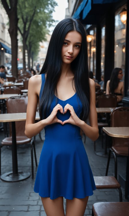 slim girl in a street cafe ,  fiheartcl,  making heart with hands, blue short dress  , dark long straight hair   <lora:FingerHeart:.8>