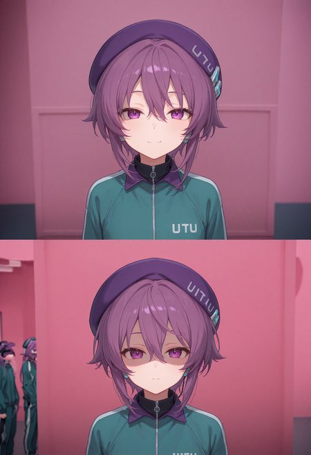 <lora:defoko_Illustrious_Mlaofmd-10:1.0>, <lora:squid-game-meme-il:1.0>, masterpiece, best quality, high quality, depth of field, ambient silhouette, backlighting, mikus-concept, smiling expression, BREAK, serious expression, BREAK, comparison, pink background, partially shaded face, green jacket, upper body, blurry background, comic, looking at viewer, meme, BREAK, 1girl, defoko, purple hair, purple beret, purple eyes, grey headset,