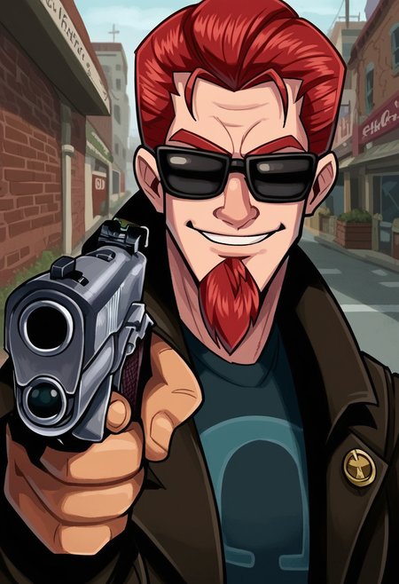 score_9,score_8_up,score_7_up, 1boy, solo,  sulfs-p2d00d, red hair, sunglasses, coat, shirt, pants, front view, goatee, fingerless gloves, beard, upper body, smile,
outdoors, city streets,
<lora:Postal_Dude_Clothings__Character_Postal_2:0.8>,   <lora:HandPointingAGunMeme_XLPD:1> holding weapon, handgun, holding gun, aiming at viewer, revolver, finger on trigger,  <lora:Vikings_Datskelebutt_Lora:0.8> datskelebutt style