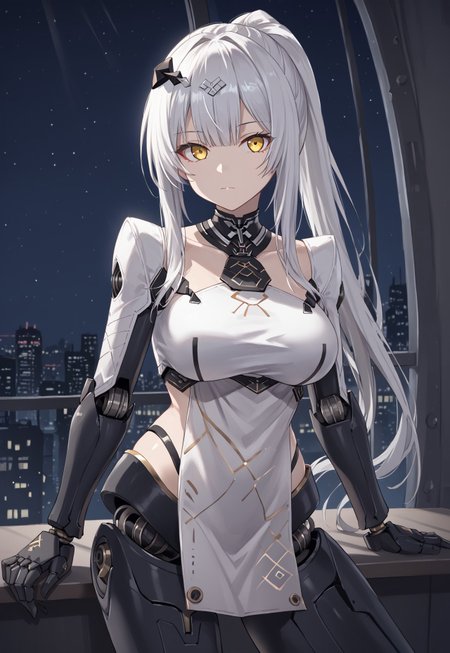 NytoTeal, long hair, bangs, white hair, yellow eyes, large breasts, hair ornament, ponytail, black gloves,  sidelocks, mechanical arms, collarbone,   pelvic curtain, white tube top, crop top, white dress, robot joints, mechanical legs,

looking at viewer, closed mouth, head tilt, 

indoor, window, city, neon lights, dark, night, night sky, 

1girl, solo, solo focus, highres, absurdres, light particles, backlighting, shade, lens flare, shiny skin, fine fabric emphasis,