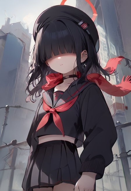 score_9,score_8_up,score_7_up, rating_questionable, source_anime, 1girl, seijitsu-noeye, justice task force member \(blue archive\),(no eyes:1.2), hair over eyes, black hair, halo, choker, beret, black serafuku, red scarf, short skirt, thighs, goth, black fingernails, standing, from below, city at night