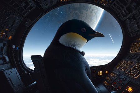 absurdres, 8k, mysterious, excellent shot composition, well framed photograph, photorealistic, atmospheric reentry, (inside cockpit of futuristic aircraft:1.2), outdoors, (penguin in pilot's hat), extremely high altitude, curvature of space earth visible, edge of space, edge lit
