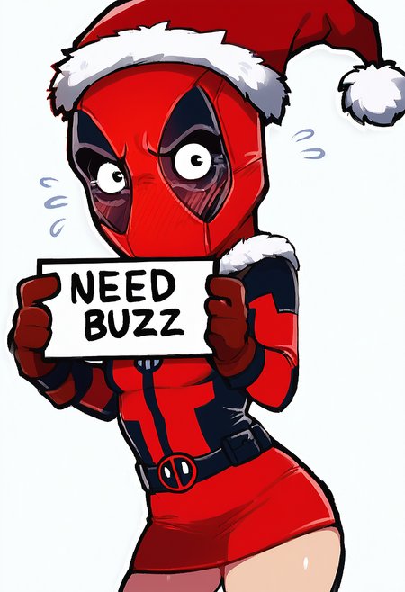 <lora:Lora\Floox_2.0:0.6> <lora:Lora\StickerNoobLocon_byKonan:1> <lora:Lora\add-detail-xl:2> sticker, colorful, outline, chibi, masterpiece, best quality, very aesthetic, absurdres, chibi deadpool, (red tubetop with fur trim, red mini skirt with fur trim, santa hat), embarrassed face, cristmas theme, looking at the viewer,  (Holding a sign that says ("Need Buzz")), hd,  simple background, white background