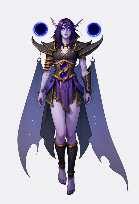score_9, score_8_up, score_7_up, BREAK,
1girl, xalatah, purple hair, long hair, purple eyes, colored skin, purple skin, glowing eyes,
pointy ears, elf, earrings,
void sphere,
anklet, armor, bracelet, bracer, pauldrons, shoulder armor, vambraces,
cape, starry sky print,
barefoot, toe ring, toenails, floating, 
evil smile, full body, looking at viewer, solo, simple background, white background   <lora:XalAtahXL_byKonan:1>
