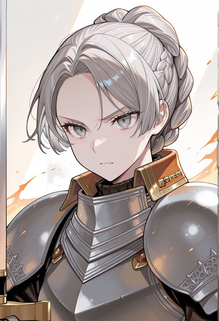 1girl, solo,  long hair, grey hair, gray eyes, single hair bun, braid, orange dress, armor, breastplate, pauldrons, greaves, gauntlets, holding sword, sword on face, serious, portrait  <lora:chris_ligthfellow_illus:1>, masterpiece, best quality, amazing quality, very aesthetic, absurdres, highres, newest