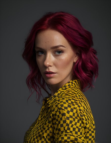 realistic skin texture, freckles, hasselblad H5D-50c, realistic photo of a beautiful woman with medium length magenta hair and a large breasts, dressed in a checkered yellow shirt and large pants, hyperrealistic, highly detailed, trending on artstation, dramatic lighting, cinematic concept art, smooth, sharp focus, illustration, art by artgerm and greg rutkowski and alphonse mucha