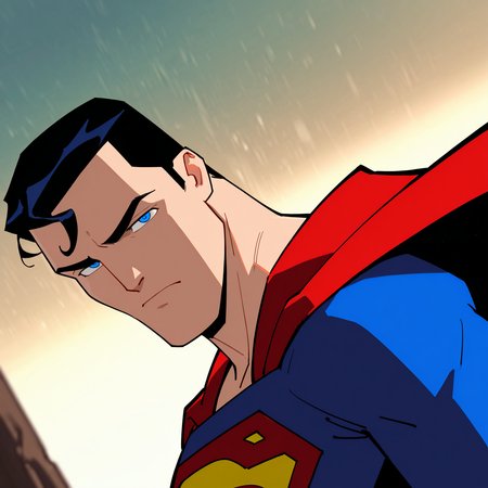 <lora:SUPERMAN_2004:1>
superman2004, solo, looking at viewer, short hair, blue eyes, black hair, 1boy, closed mouth, upper body, male focus, blurry, cape, from side, looking to the side, blurry background, bodysuit, frown, serious, red cape, superhero, blue bodysuit, thick eyebrows
, motion blur, film grain, abstract, natural lighting, fantasy, cinematic, dynamic view, tilted angle, very awa, masterpiece, best quality, absurdres, newest, perfect quality, detailed background, intricate details, (artist:fl \(l-fl\):0.7), (artist:tooboshoo:0.7), (artist:dizdoodz:0.8)