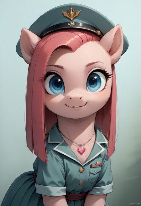 score_9, score_8_up, score_7_up, score_6_up, score_5_up, score_4_up, 
(((Pinkamena Diane Pie mlp ))), cute, (feral pony:1.2),pink fur, (blue eyes:1.3) pink military army uniform army hat, multicolored sash, pink amulet, devoted, (looking at you:1.3), standing