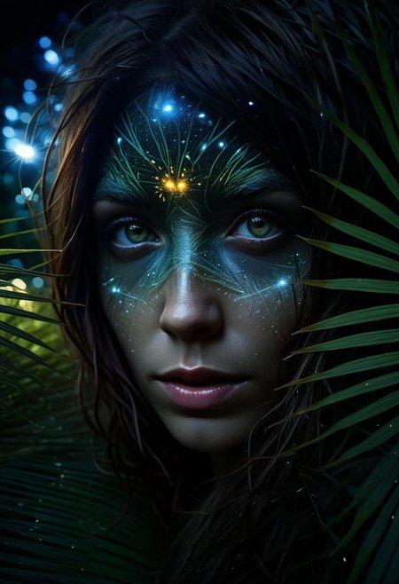 close-up face, mysterious silhouette of a woman, glowing fireflies illuminating her, night time palm trees, goddess, alluring, by Minjae Lee, Carne Griffiths, Emily Kell, Steve McCurry, Geoffroy Thoorens, Aaron Horkey, Jordan Grimmer, Greg Rutkowski, amazing depth, double exposure, surreal, geometric patterns, intricately detailed, bokeh,  perfect balanced, deep fine borders, artistic photorealism , smooth,  great masterwork by Suiras  <lora:add-detail-xl:2>  <lora:Double_Exposure:0.5>