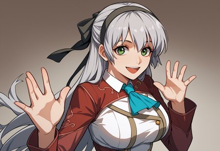 score_9, score_8_up, score_7_up, source_anime, <break> solo, 1girl, zeroelie, smile, open mouth, looking at you, fakemrbeast, hands up, grey hair, long hair, green eyes, black hairband, hair ribbon, black ribbon, red shrug top, blue ascot, white dress, large breasts
 <segment:yolo-face_yolov8m.pt,0.4,0.5//cid=1>