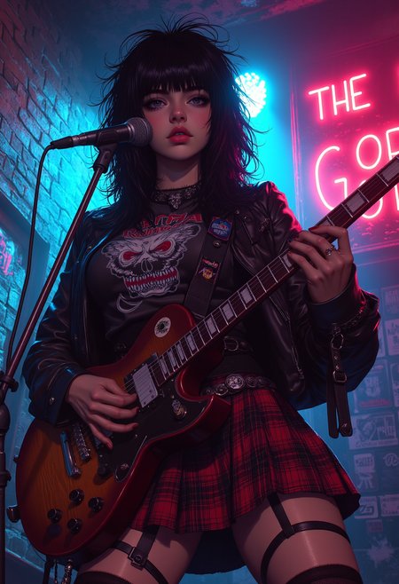 anime artwork Concept art of Sheena, a fierce 1970s punk rocker, performing in a dingy underground club. She has wild jet-black hair, intense, rebellious eyes, and a fearless smirk. She wears a leather jacket, band tee, plaid skirt, and fishnet stockings, exuding raw attitude.
She grips a sticker-covered vintage electric guitar, mid-performance, as dim, flickering neon lights cast shadows over the graffiti-covered brick walls and beer-stained floors.  under the glow of cheap stage lights and hazy cigarette smoke. The air vibrates with distorted guitar riffs, capturing the raw, untamed energy of CBGB-era punk rebellion.
Hyper-detailed, cinematic lighting, photorealistic textures, stylized neon-punk aesthetics, gritty underground music scene.
<lora:aidmaMJ6.1_v0.5_3:0.5> <lora:MoriiMee_Gothic_Niji_Style__FLUX_LoRA_Test_2:0.8> . anime style, key visual, vibrant, studio anime,  highly detailed