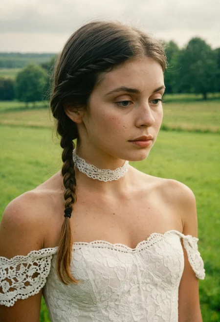 portrait, masterpiece, 4k, ray tracing, intricate details, highly-detailed, hyper-realistic, 8k RAW Editorial Photo.
The image is a high-resolution photograph featuring a young woman standing outdoors against a blurred rural landscape. The subject is positioned centrally in the frame, facing the camera with a neutral expression. She has fair skin and her brown hair is styled in a delicate side braid, with loose strands framing her face. Her makeup is minimal, emphasizing her natural beauty. She wears a sleeveless, off-the-shoulder white gown adorned with intricate floral lace detailing, which extends to her upper arms. The lace adds a touch of elegance and femininity to the dress. The neckline is high, and she wears a thin, white choker around her neck. The background features a lush, green field with scattered trees, providing a serene and natural setting. The sky is overcast, casting a soft, diffused light over the scene, enhancing the softness of the image. The photograph captures a blend of classic and contemporary styles, with a focus on the subject's delicate beauty and the tranquil countryside as the backdrop. <lora:epiCRealnessRC1:1>
cinematic light, dramatic light, shallow depth of field,  high budget, bokeh, cinemascope, film grain ISO 200 faded film, 35mm photo, grainy, vignette, vintage, Kodachrome, Lomography, stained, highly detailed, found footage