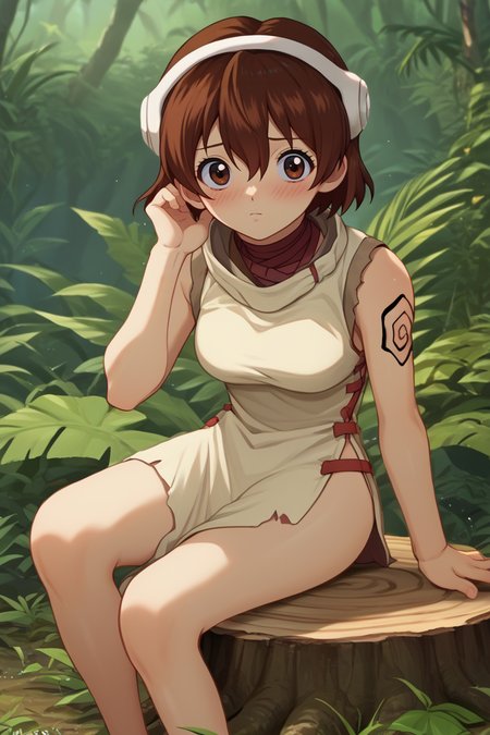 score_9, score_8_up, score_7_up, score_6_up, source_anime, BREAK 1girl, solo,  <lora:dsyuzu-pdxl-nvwls-v1-000005:1> dsyuzu, brown hair, brown eyes, headphones, short hair, red choker, beige dress, sleeveless, tattoo, side slit, sitting, tree stump, jungle, looking at you, blush
