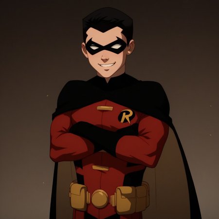 score_9, score_8_up, score_7_up, highly detailed, cute boy, 1boy, solo, timdrakeyj, red outfit, robin symbol, black cape, utility belt, domino mask, black hair, smile, arms crossed, fighting stance,