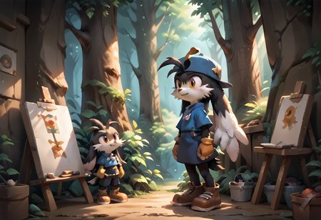 score_9, score_8_up, score_7_up, score_6_up, score_5_up, score_4_up, <lora:Klonoa_Character_PonyXL:0.8> ,  Klonoa, two long ears, fur, anthro, Klonoa, g5, rich colors, forest operations, forest, thicket, communal appearance , presents a painting of rabbits and pony, aroused, front view, detailed background, detailed, 8k quality, side view, beautiful, teasing, easel and brushes, leaned to the floor, freely actions, dress,