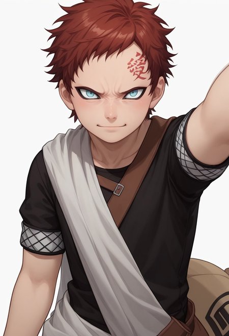 score_9, score_8_up, score_7_up, highly detailed, cute boy, 1boy, solo, young, Gaara, Red Hair, Pale Blue Eyes, Facial Mark , Black Short sleeve shirt, White Cloth Sash, leather strap, gourd, no eyebrows, angry, psychotic smirk, evil smile, fist close up, hand clenched, arm outstretched, white background