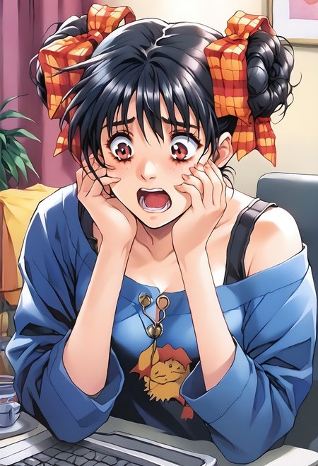 ASCII 1girl,<lora:pony_xl_narusawa:0.8>,narusawa,score_9,score_8_up,score_7_up,source_anime,black hair,
solo, 
looking at computer, scared,open mouth, terrified,hands in face,
 breasts<lora:breastsizeslideroffset:0.3>sitting, in the bedroom,