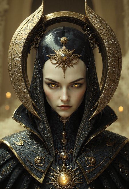 A regal, futuristic portrait of a serene female figure with a pale, porcelain-like face and delicate features, exuding an air of mystery and grace. Her head is adorned with an intricately designed, ornate headdress made of black and gold filigree, resembling a fusion of baroque artistry and advanced technology. The headdress curves elegantly around her head, with subtle details of cosmic symbols and golden patterns etched into its surface, glowing faintly as if imbued with mystical energy. Her downcast gaze and long, dark lashes lend a meditative and introspective aura to her demeanor, while a single golden ornament dangles delicately from her cheek, accentuating her otherworldly beauty.  Her clothing is equally detailed, featuring a high-collared black garment with textures resembling a mix of leather and fine silk, embellished with golden embroidery that flows organically like veins of liquid gold. A prominent, glowing pendant rests at her chest, encased in a complex, mechanical design that hints at a balance between ancient elegance and futuristic functionality. The background is minimalist, a soft gradient of warm beige tones that draws all focus to her striking presence. The composition captures a perfect blend of high fashion, timeless elegance, and advanced sci-fi aesthetics. <lora:frazetta_flux_v2-000150.safetensors:0.4>,  <lora:Flux_-_Renaissance_art_style.safetensors:0.4>,  <lora:flux.1_lora_flyway_Epic-Characters_v1.safetensors:0.3>,  <lora:flux.1_lora_flyway_Epic-detail_v2.safetensors:0.6>,  <lora:Warhammer_Rogue_Trader_Style_flux-000021.safetensors:0.5>,   <lora:BeautyInEvilFlux.safetensors:0.75>,  <lora:Movie_Portrait.safetensors:0.5>,  <lora:- Flux1 - soothing_atmo_V2.0.safetensors:0.2>,