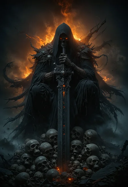 A sinister figure shrouded in tattered black robes with glowing orange eyes sits atop an enormous dark grey sword plunged into a pile of human skulls, The sword's blade emanates a soft orange light from runes etched down its center, mist of shadow curl around the figure, black smoke, skeletal hands adorned with ancient armor clasp the sword's hilt, sense of death and power under a murky grey sky, <lora:add-detail-xl:1>, <lora:- SDXL - vanta-black_contrast_V3.0:0.5>, <lora:MJ52:0.4>, <lora:EpicF4nta5yXL:0.7>, <lora:CinematicStyle_v1:0.8>, <lora:ral-ertmsphr:0.7>