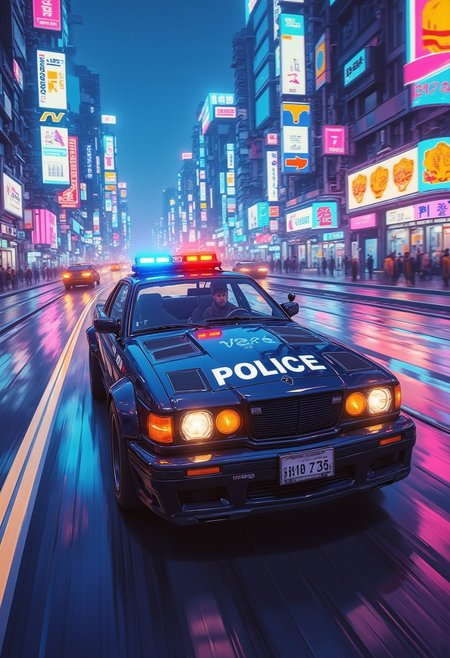 cyberpunk anime image of heavily armoured heavy-duty police car travelling at speed on cyberpunk superhighway, sirens blazing, policeman driving, "POLICE" written on the car, motion blur, neon lights and signs, bokeh