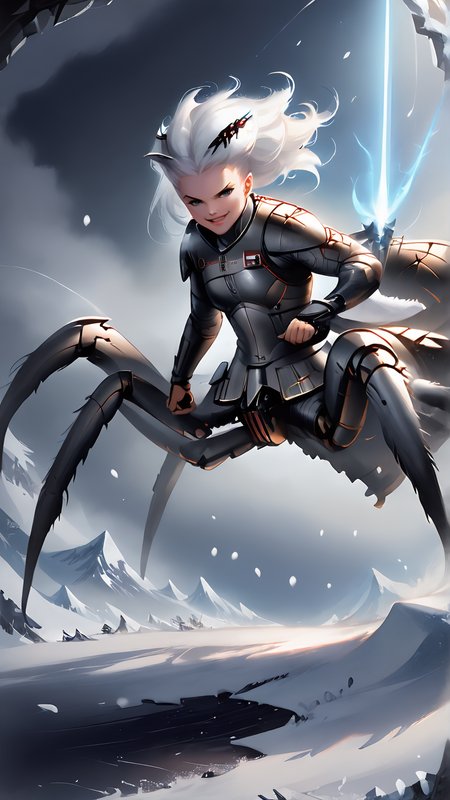 <lora:4r4chn1dPony:0.75>, score_9, score_8_up, score_7_up, score_6_up, fantasy 4r4chn1d, concept art, digital art, realistic, detailed face,  solo, arachnid, Snow leopard cub inspired desktop wallpaper, official_wallpaper, atmospheric, warrior, smirk, combat stance, holding a weapon,  white hair, Medium skin, Ringlets, <lora:Smooth Anime 2 Style SDXL_LoRA_Pony Diffusion V6 XL:0.8>, in location ancient aqueduct, (Masterpiece:1.3) (best quality:1.2) (high quality:1.1)