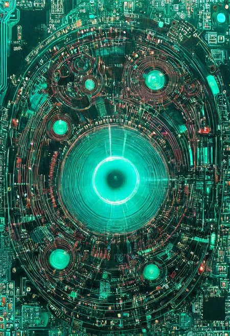 double exposure of opera diva Hatsune Miku with long floating aqua twintails singing high note blending  with a printed circuit board of Yamaha electronics chip processor, <lora:DoubleExposure:1>, (head:1.8), <lora:The Phantom of the Opera style:1.5> The Phantom of the Opera style, <lora:loraeyesxl:0.4>