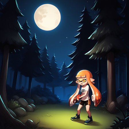 score_9, score_8_up, score_7_up, score_6_up, score_5_up, score_4_up,
luminekoStyle
inkling girl, splat shorts, splat shirt, splattershot (splatoon), 
Night, forest, moon, eyes in the dark, trees, scared, holding splattershot,