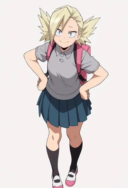 masterpiece, best quality, very aesthetic, absurdres,
1girl, nakagame, blonde hair, short hair, blue eyes,
backpack, pleated skirt, short sleeves, collared shirt, grey shirt, school uniform,
hands on hips, standing, full body,
smile, solo, looking at viewer, simple background, white background,  <lora:TatamiNakagameNoobXL_byKonan:1>