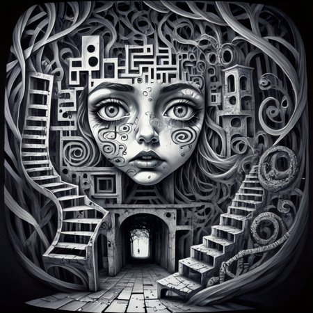 corcoc5s  face punk girl made of puzzles and mazes, optical illusions, bridges, depth and stairs, black ink, very detailed<lora:corcoc5s:1>