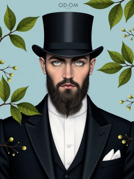 ODOM_art <lora:flux-lora-000006:1>A portrait of a distinguished man with a prominent beard, dressed in a formal suit and top hat, exuding an air of elegance and mystery. He gazes directly at the viewer, with striking pale eyes contrasting against his dark attire. The background is a subtle pastel blue, enhancing the subject's features. Delicate green leaves with small berries frame the composition, adding natural elements that soften the formality of his outfit. The mood is introspective and slightly enigmatic, inviting viewers to ponder the subject's story and identity.